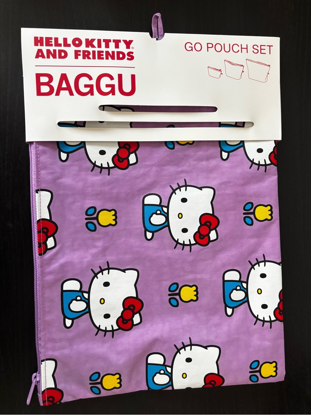 BAGGU NWT Large Go Pouch Hello Kitty Floral Zip Purple with Red, Blue, Yellow